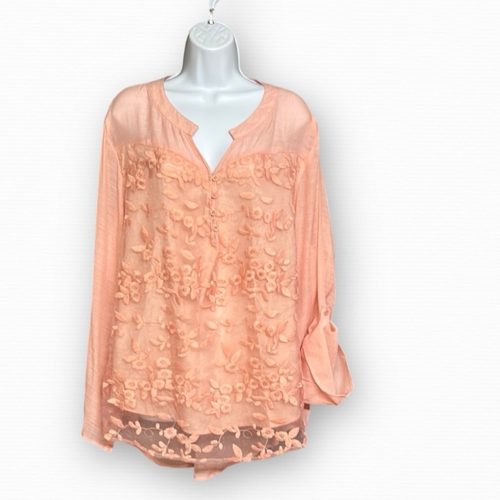 SHEIN Peach Pink Floral Embroidered Boho Tunic High Low Blouse Plus Size 3X
